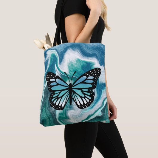Sac fourre-tout papillon bleu et turquoise en marb (De près)