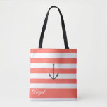 Sac fourre-tout personnalisé Ancre nautique<br><div class="desc">Ancrage nautique sur corail vivant et arrière - plan rayé blanc,  sac fourre-tout de fête de mariée personnalisée. Personnalisez le texte,  le style de police,  la couleur et la taille. Les rayures montrées dans le corail vivant peuvent être customisées à votre choix de couleur.</div>