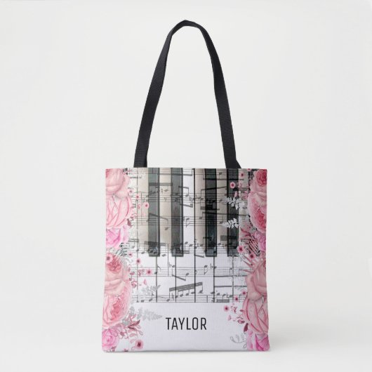 sac fourre-tout piano notes de musique fleurs rose (Devant)