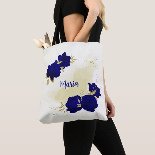 sac fourre-tout royal bleu fleuri or (De près)