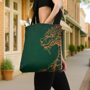 Sac fourre-tout vert avec impression de dragon col