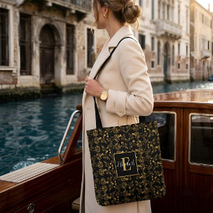 Sac Luxueux en Noir & Or avec Motif Floral Damassé
