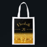 Sac Réutilisable 21st birthday black gold elegant name<br><div class="desc">Cool,  classic and feminine. A gold bow with golden glitter and sparkle,  a bit of bling and luxury for a 21st birthday. Black background. Templates for her name,  age 21,  date de birth and anniversary date</div>