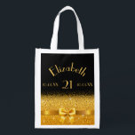 Sac Réutilisable 21st birthday black gold elegant name<br><div class="desc">Cool,  classic and feminine. A gold bow with golden glitter and sparkle,  a bit of bling and luxury for a 21st birthday. Black background. Templates for her name,  age 21,  date de birth and anniversary date</div>