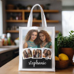 Sac Réutilisable Collage photo 4 tendance Nom du script noir blanc<br><div class="desc">Vous pouvez utiliser des photos carrés ou selfies pour cette conception. Utilisez quatre photos carrés pour créer un cadeau unique et personnel. Ou vous pouvez garder le chiot hipster et faire un gardien branché. Si vous avez besoin d'ajuster les images,  cliquez sur l'outil personnaliser pour apporter des modifications.</div>