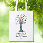 Sac Réutilisable Family Reunion Family Tree Épicerie Sac<br><div class="desc">Ces sacs d'épicerie réutilisables de la Réunion familiale sont décorés d'un arbre généalogique en mosaïque aux couleurs de l'arc-en-ciel. Customisez-les avec votre nom de famille et l'année de votre réunion. Parce que nous créons notre propre oeuvre, vous ne trouverez pas cette image exacte d'autres designers. Mosaïque originale et aquarelle ©...</div>