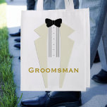 Sac Réutilisable Groomsman Tuxedo Wedding Favor Grocery Bag<br><div class="desc">Handy reusable bag featuring an ivory tuxedo with a black bow tie all in one graphical illustration. A useful thank you gift for your Groomsman or if you like the tuxedo style as you shop,  customize with your own text</div>