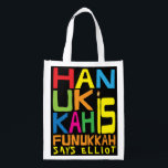 Sac Réutilisable Hanoukka Is Funukkah<br><div class="desc">Hanoukka Est Funukkah, sac blanc à 2 faces. Tous les éléments de conception peuvent être modifiés. Tout texte modifiable peut être supprimé et remplacé par votre propre message. Utilisez la couleur, la taille et le style de police préférés. Joyeux Hanoukka/Chanukah ! Style : Devenez écolo de sac réutilisable et sauver...</div>
