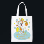 Sac Réutilisable Hanoukka Zeevie célèbre le sac d'épicerie<br><div class="desc">Hanoukka Zeevie Celebrates, sac blanc à 2 faces. Tous les éléments de conception peuvent être modifiés. Tout texte modifiable peut être supprimé et remplacé par votre propre message. Utilisez la couleur, la taille et le style de police préférés. Joyeux Hanoukka/Chanukah ! Style : Devenez écolo de sac réutilisable et sauver...</div>
