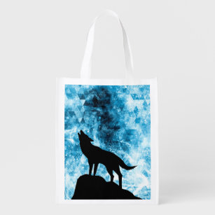 Sac Réutilisable Howling Wolf Hiver neige bleue fumée Abstraite
