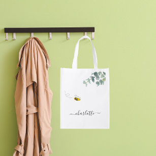 Sac Réutilisable Jolie abeille monogramme eucalyptus vert blanc