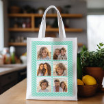 Sac Réutilisable Mint Chevron Motif avec Collage photo 6 tendance<br><div class="desc">Utilisez des photos de compte Instagram ou d'autres applications de partage populaires avec six photos carrés pour créer un cadeau unique et personnel. Ou vous pouvez garder le chiot hipster et faire un gardien branché. Si vous avez besoin d'ajuster les images,  cliquez sur l'outil personnaliser pour apporter des modifications.</div>