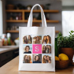 Sac Réutilisable Monogramme photo Collage Instagram rose-chaud<br><div class="desc">Vous pouvez utiliser n'importe quelle photo pour cette conception. Utilisez 8 photos carrés pour créer un cadeau unique et personnel. Ou vous pouvez garder le chiot hipster et faire un gardien branché. Si vous avez besoin d'ajuster les images,  cliquez sur l'outil personnaliser pour apporter des modifications.</div>