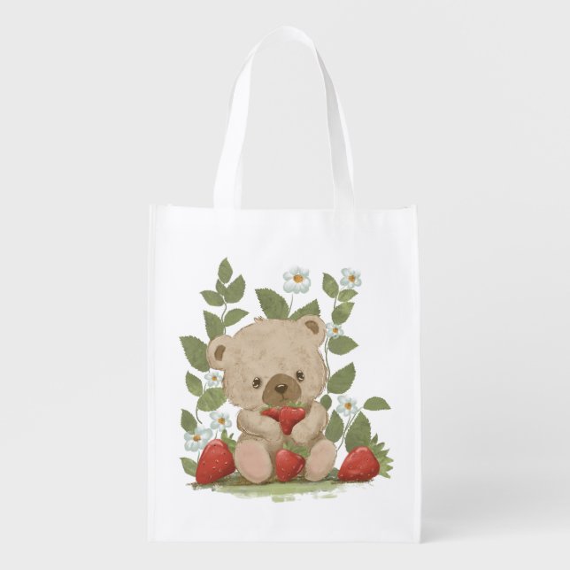 Sac Réutilisable ours mignon en peluche avec fraises mûres (Devant)