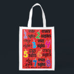 Sac Réutilisable Sac fourre-tout des nuits folles Hanoukka<br><div class="desc">Hanoukka Crazy Nights, sac blanc recto verso. Tous les éléments de conception peuvent être modifiés. Tout texte modifiable peut être supprimé et remplacé par votre propre message. Utilisez la couleur, la taille et le style de police préférés. Joyeux Hanoukka/Chanukah ! Style : Devenez écolo de sac réutilisable et sauver la...</div>