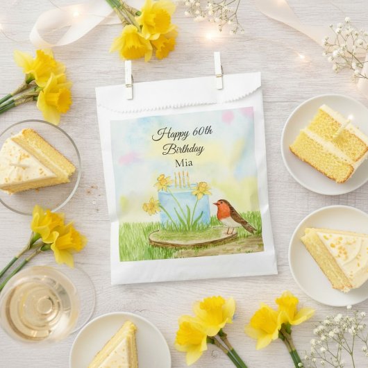 Sachets En Papier 60th Birthday Robin with Daffodil Cake