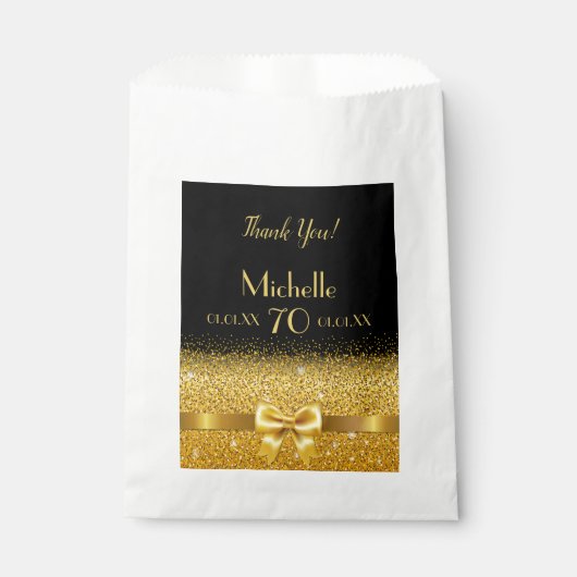 Sachets En Papier 70e anniversaire fête noir or arc élégant nom (Devant)