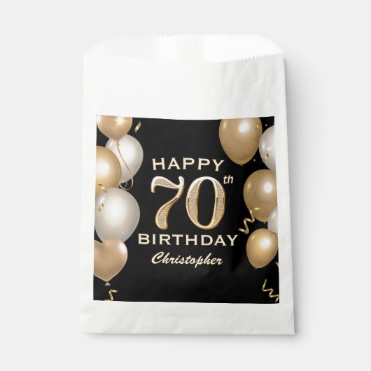 Sachets En Papier 70e fête d'anniversaire Ballons noirs et or (Devant)