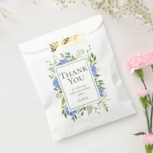 Sachets En Papier 80e anniversaire Blue Hydrangeas Merci (Scellé)