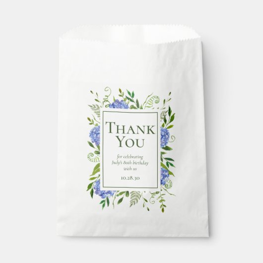 Sachets En Papier 80e anniversaire Blue Hydrangeas Merci (Devant)