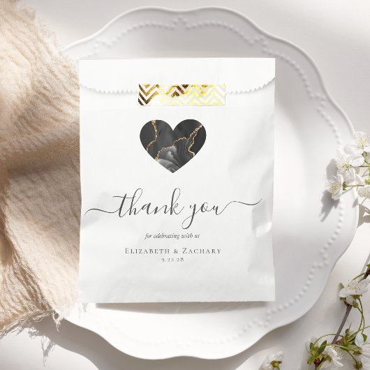 Sachets En Papier Agate Heart Script Merci Black Gold Mariage