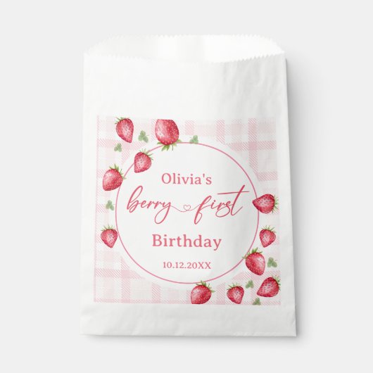 Sachets En Papier Anniversaire des fraises roses En vichy (Devant)