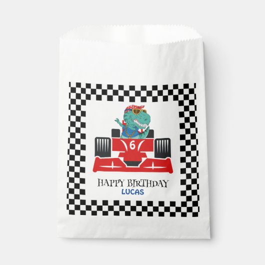 Sachets En Papier Anniversaire Dinosaur voiture de course rouge nom  (Devant)