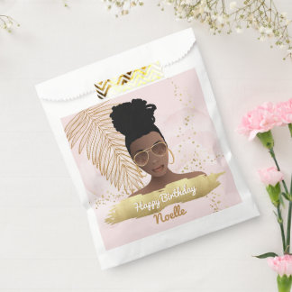 Sachets En Papier Anniversaire, Femme noire, Feuille Tropicale Or, F