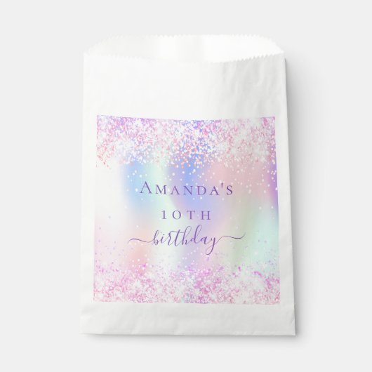 Sachets En Papier Anniversaire fête rose violet holographique (Devant)