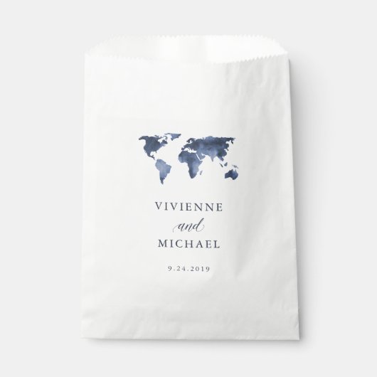 Sachets En Papier Aquarelle bleue | World Map Mariage (Devant)