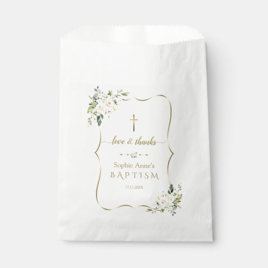 Sachets En Papier Aquarelle or élégant Fleurs blanches Baptême (Devant)