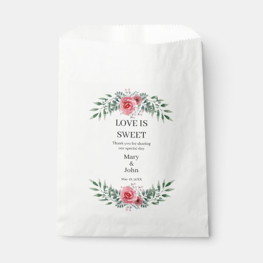Sachets En Papier Aquarelle Rose Rose Vert Feuillage (Devant)