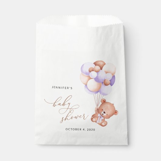 Sachets En Papier Baby Bear, Cute Bear, Ballons Violets, Baby Shower (Devant)
