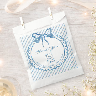 Sachets En Papier Baby Shower à rayures et nœud bleu fantaisiste aqu