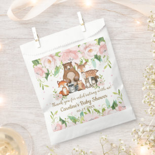 Sachets En Papier Baby shower d'animaux boisés rose pâle