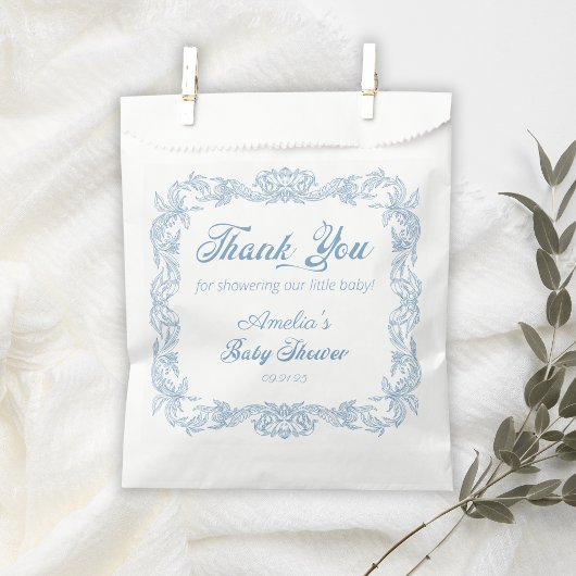 Sachets En Papier Baby shower de cadre baroque bleu Dusty raffiné