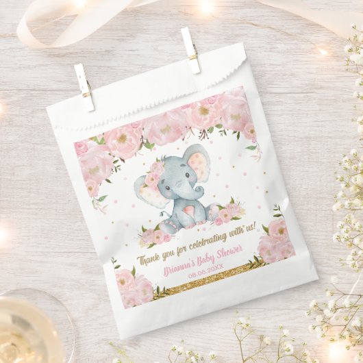 Sachets En Papier Baby shower d'éléphant floral rose vif (Coupé)