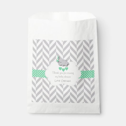 Sachets En Papier Baby shower d'éléphant vert, gris blanc (Devant)
