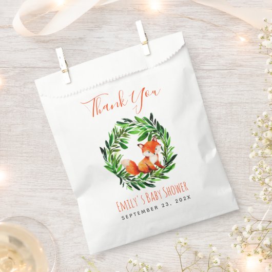 Sachets En Papier Baby shower Fox Woodland Green Merci Script (Coupé)