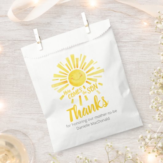 Sachets En Papier Baby shower ici vient le soleil jaune merci (Coupé)
