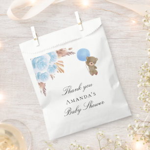 Sachets En Papier Baby shower ours en peluche bleu pampas herbe garç