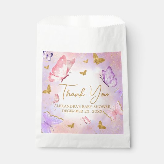 Sachets En Papier Baby shower papillon violet rose or (Devant)