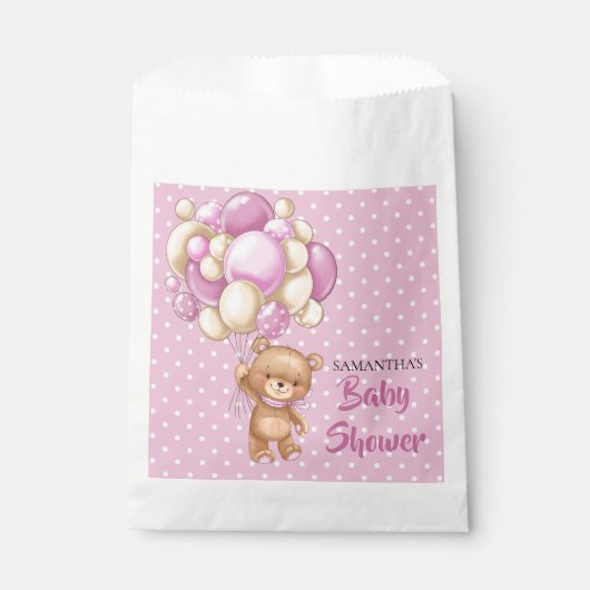 Sachets En Papier Baby shower Teddy Girl - rose et blanc (Devant)