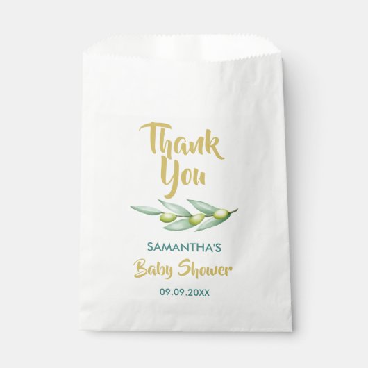 Sachets En Papier Baby shower Vert Olive Branche Élégante (Devant)