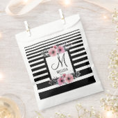 Sachets En Papier Bandes noires et blanches Monogramme floral rose (Coupé)