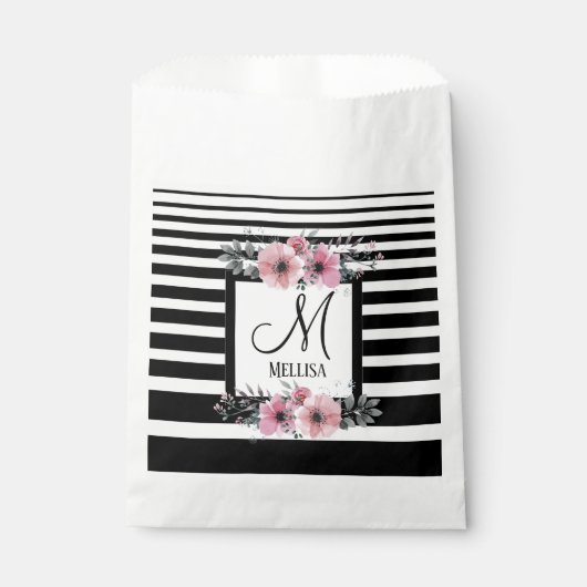 Sachets En Papier Bandes noires et blanches Monogramme floral rose (Devant)
