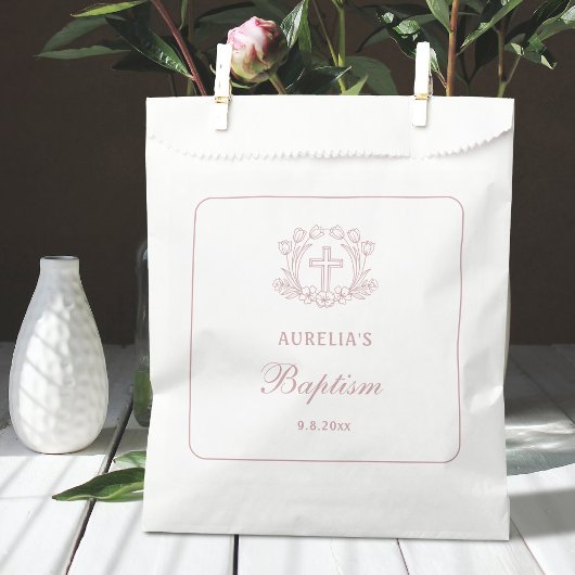 Sachets En Papier Baptême simple de croix rose florale