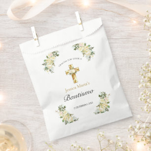 Sachets En Papier Bautismo Cruz Floral Clásica Dorada Gracias