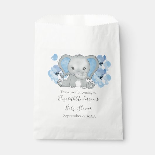 Sachets En Papier Bébé bleu garçon éléphant Baby shower fleurs ballo (Devant)