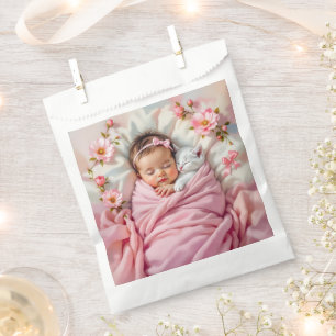 Sachets En Papier Bébé rose floral fille et chaton blanc